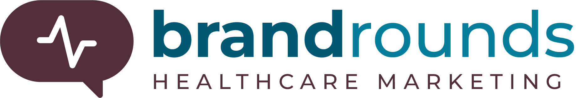 Brand Rounds logo with the tagline "healthcare marketing" below it and a speech box with a heart rate inside